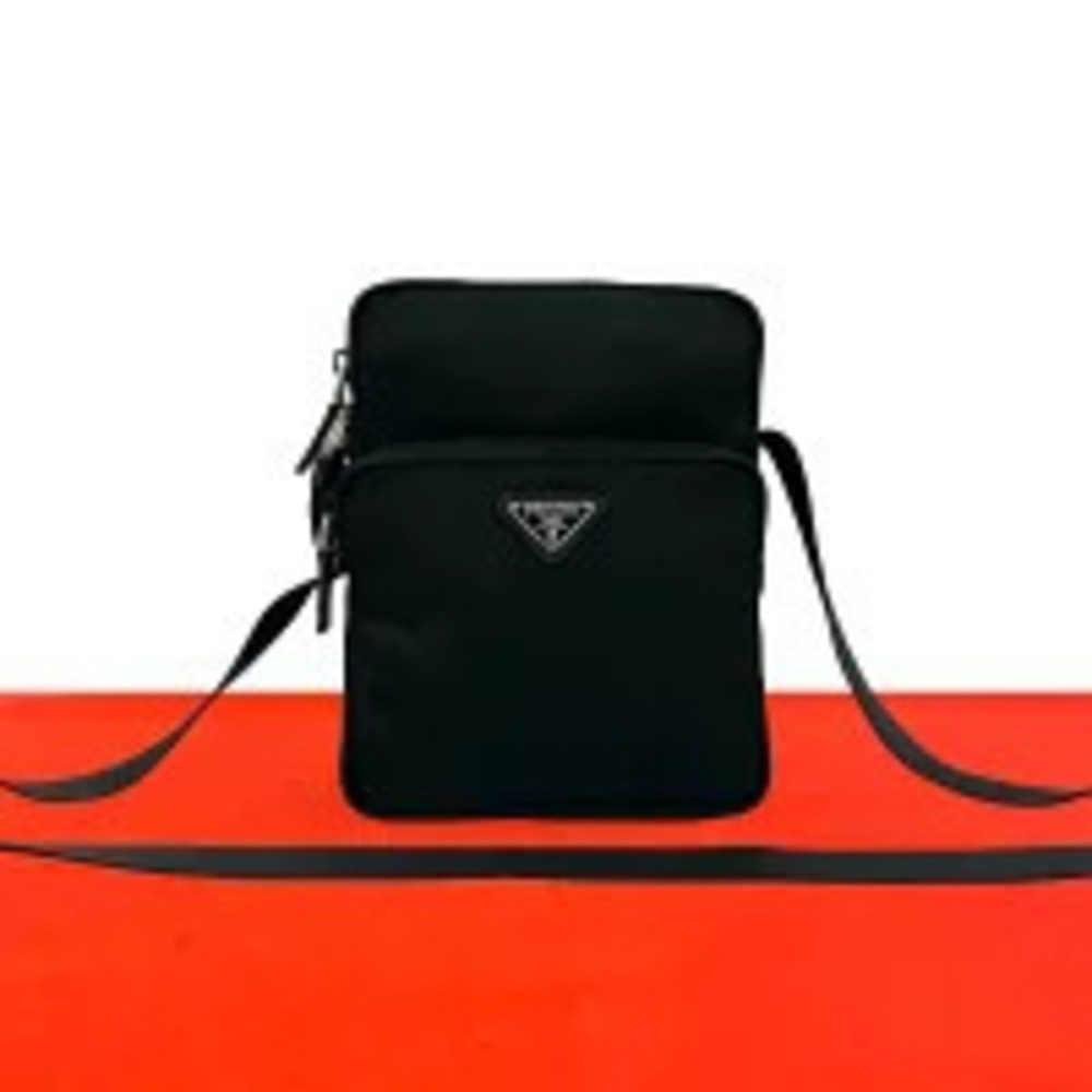 Prada Vela Leather Pouch Crossbody Bag Black